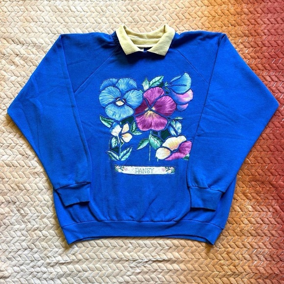 Vintage 1990s Blue Floral Pansy Crewneck Sweater with yellow Collar L - Picture 3 of 6
